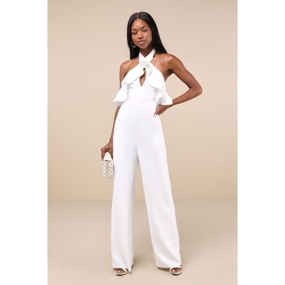 Lulus Elegant Flair White Ruffled Wide-leg Halter Jumpsuit - Size M